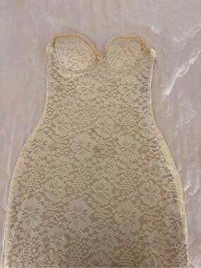 Runaway the Label butter yellow strapless lace formal dress